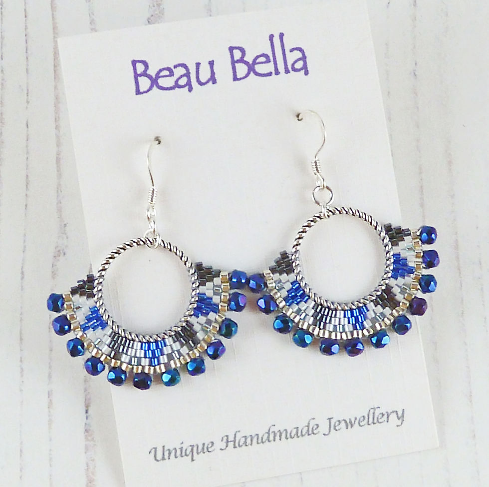 Thumbnail: Blue and Black Beaded Hoop Fan Sparkle Earrings