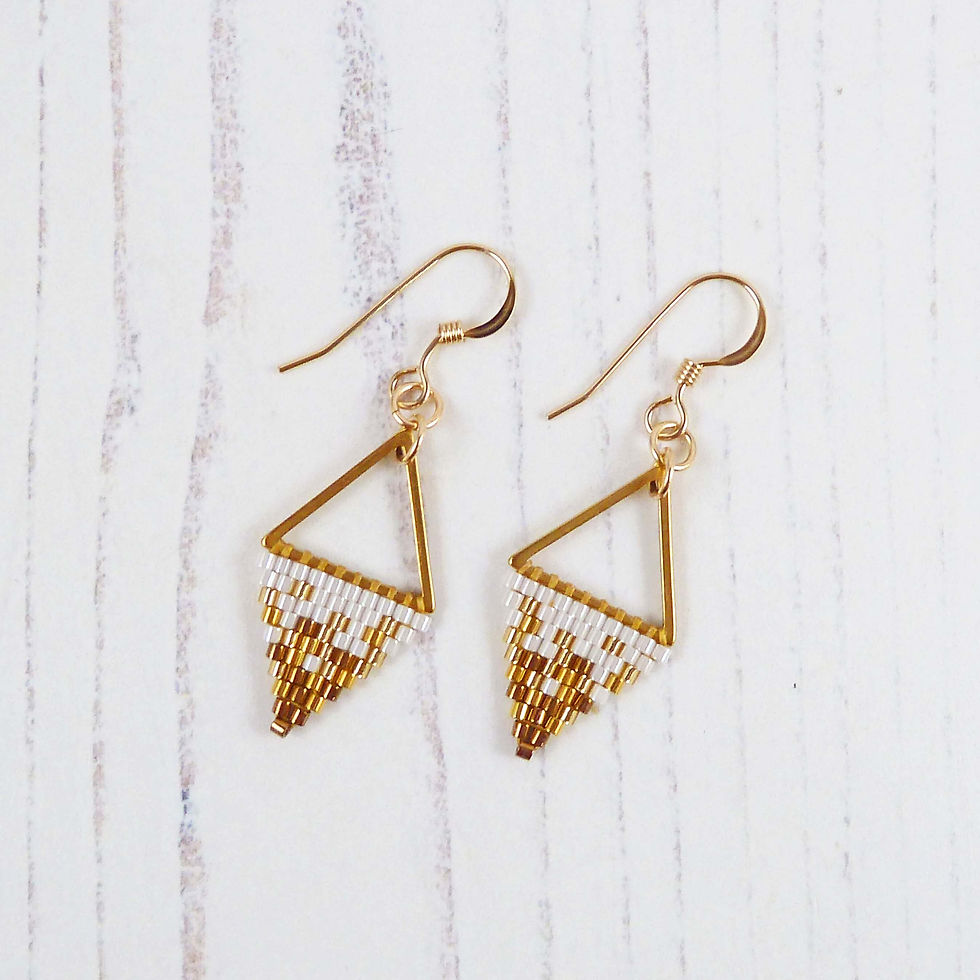 Thumbnail: Gold and White Mini Beaded Triangle Earrings