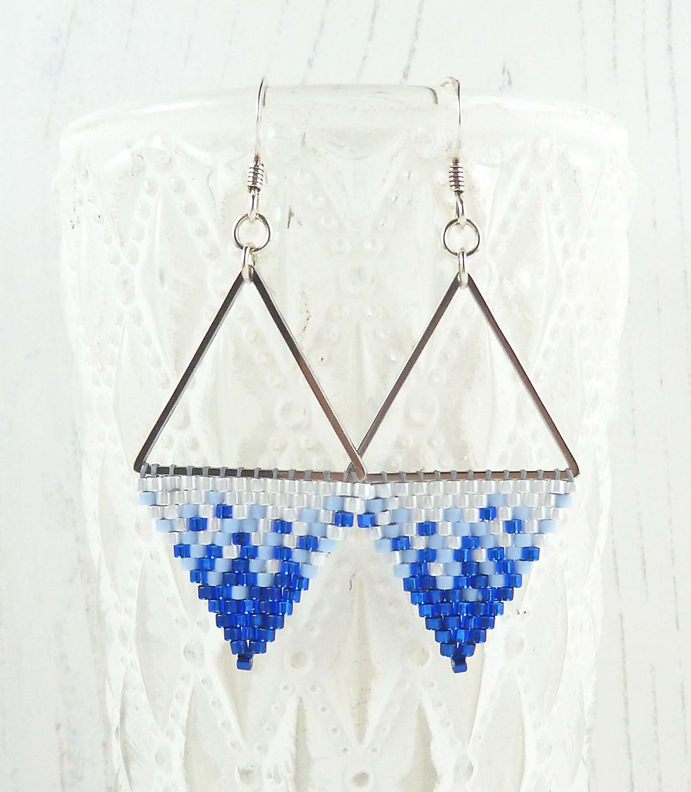 Thumbnail: Blue & White Colour Fade Beaded Triangle Earrings