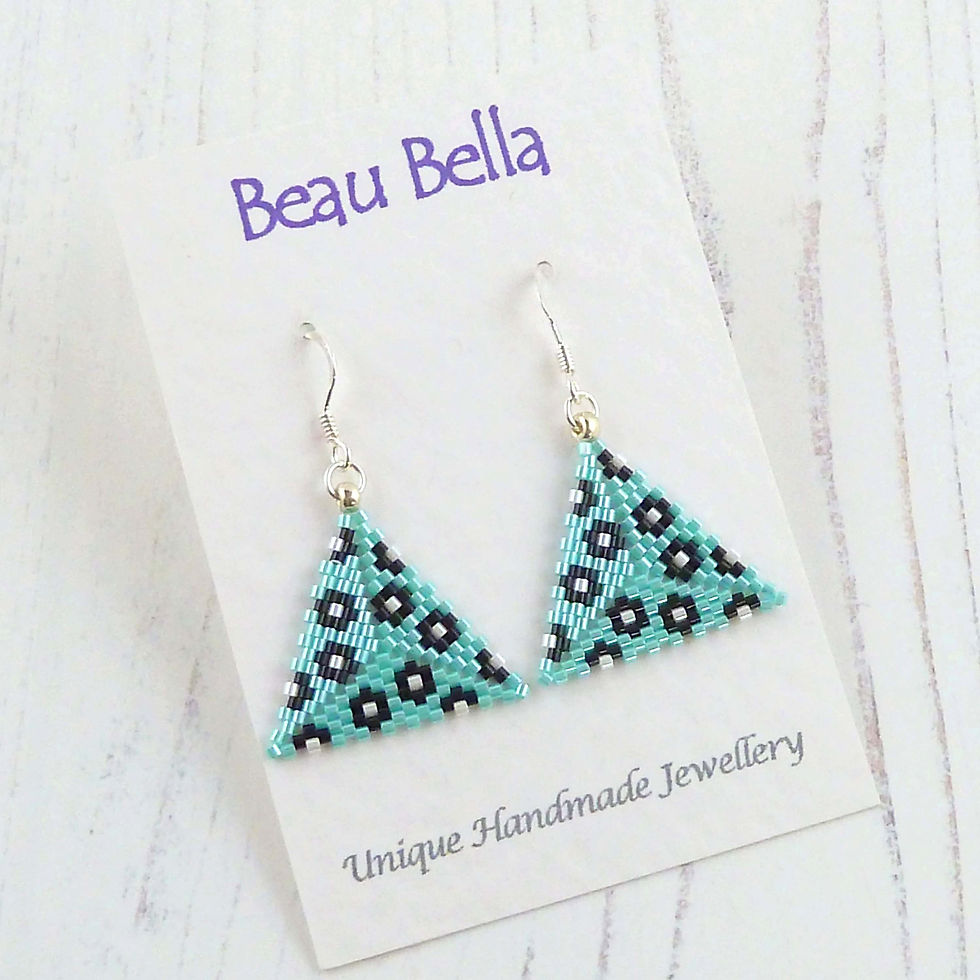 Thumbnail: Blue Beaded Leopard Print Triangle Earrings