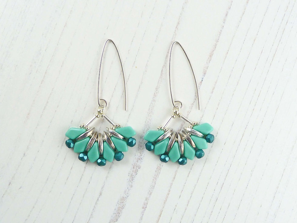 Thumbnail: Long Turquoise Green Dangle Fan Earrings