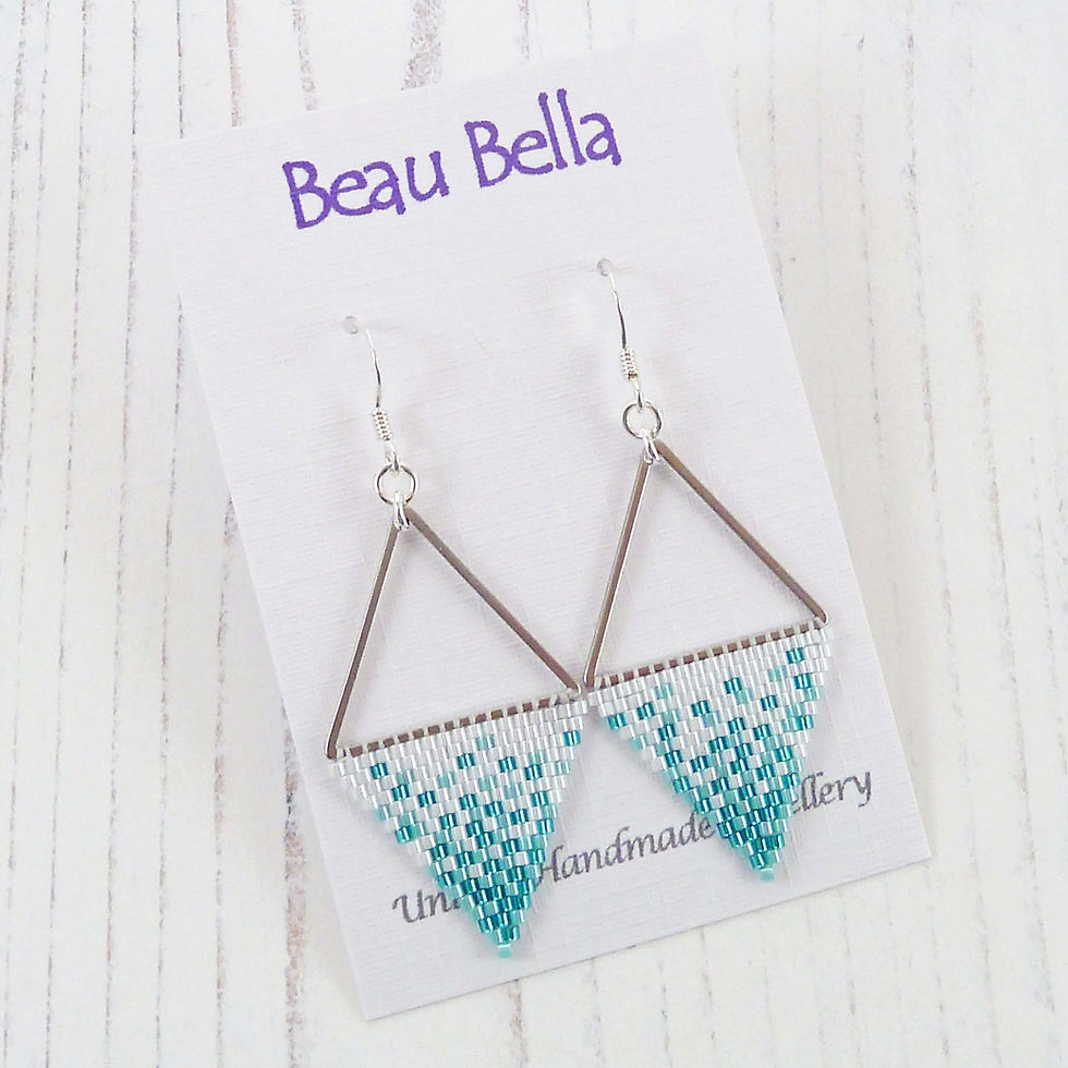 Thumbnail: Teal Green and White Beaded Triangle Earrings