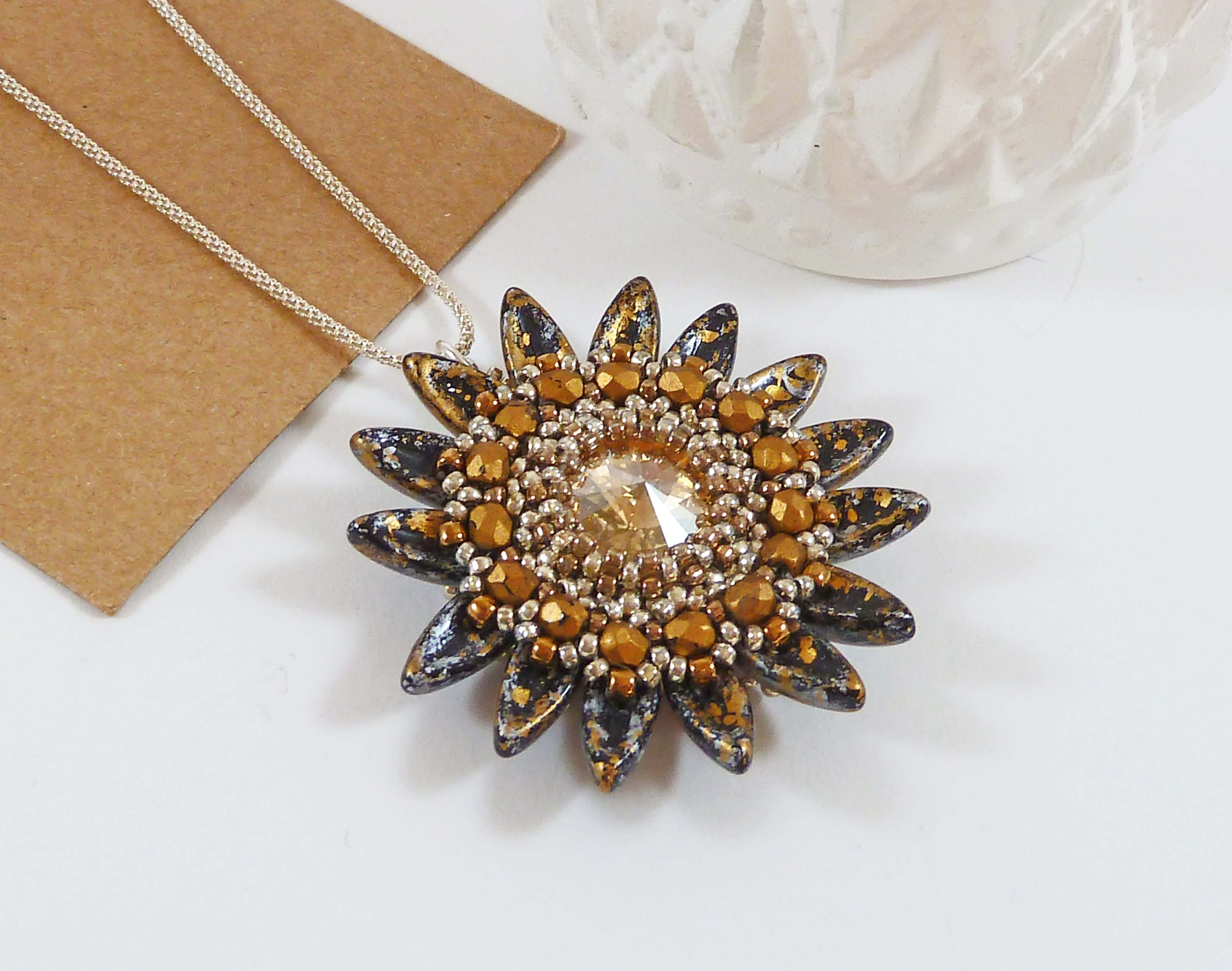 Large Gold Beaded Flower Pendant