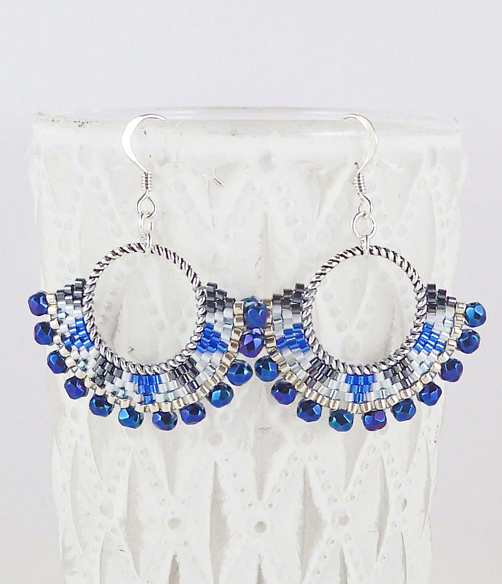 Thumbnail: Blue and Black Beaded Hoop Fan Sparkle Earrings