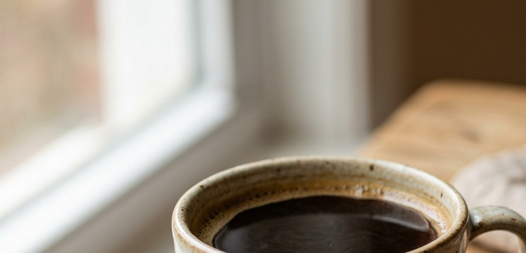 Close-up view of a cup of Kenya coffee beside blueberries strawberries and milk chocolate.