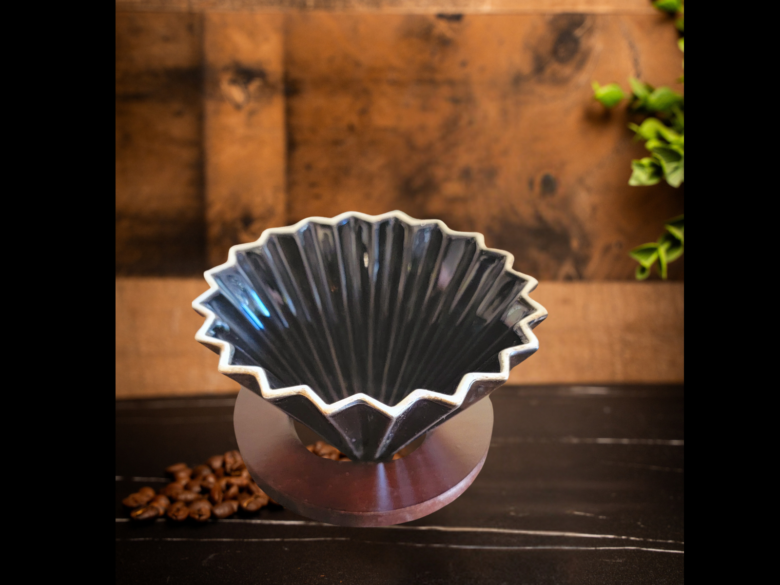 Ceramic Coffee Dripper with Wood Stand (Black)