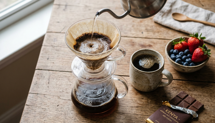 Overhead view of a pour-over brewer making Kenya coffee beside fresh berries.