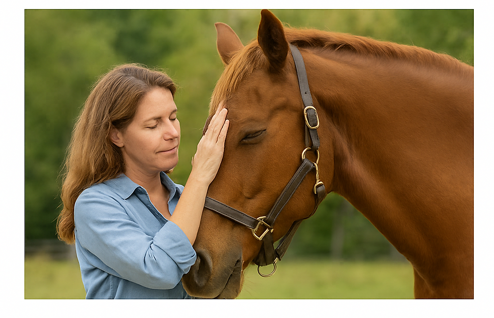 A quiet moment of connection—energy healing brings peace and trust between horse and practitioner in a natural, heart-centered exchange