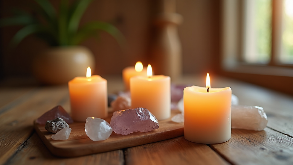 Eye-level view of a serene healing space with crystals and candles arranged on a wooden table