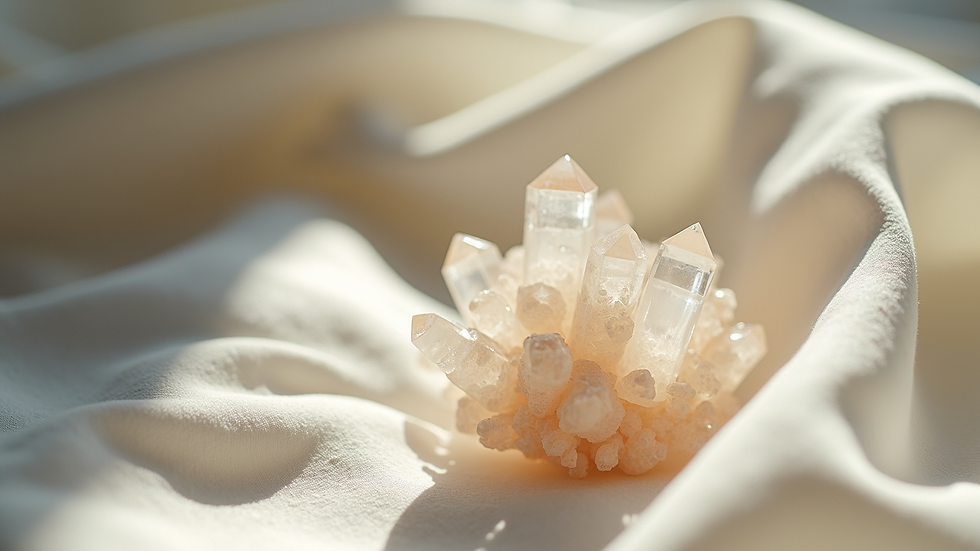 Close-up view of a crystal cluster resting on a soft fabric with natural light