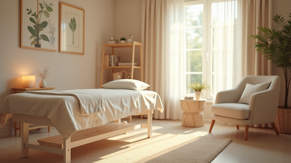 Eye-level view of a serene therapy room with soft lighting and calming decor