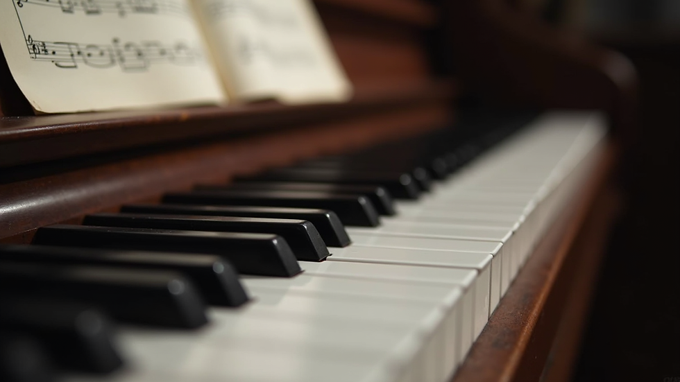 Close-up view of a piano keyboard with sheet music
