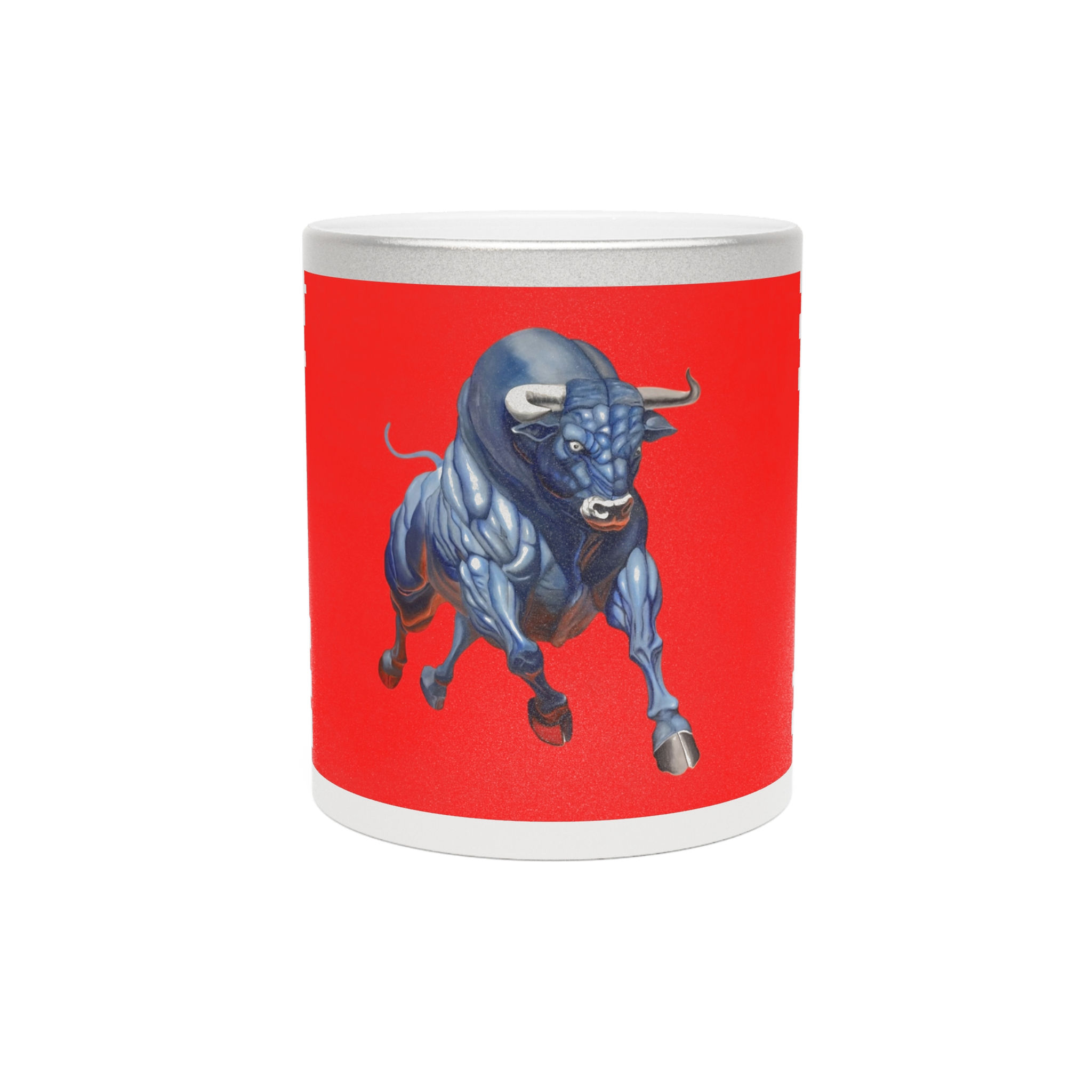 Metallic Mug — Blue Charging Bull Design (Silver/Gold)