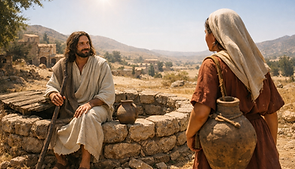 Jesus sitting at well when Samaritan woman arrives.png