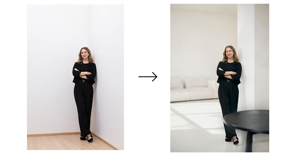 Links ist ein Porträt von Vici, das ich in meinem Studio gemacht habe. Rechts ist das fertige Porträt zu sehen. Der Hintergrund wurde mit KI generiert und Vici anschließend mit Photoshop hinein retuschiert.
