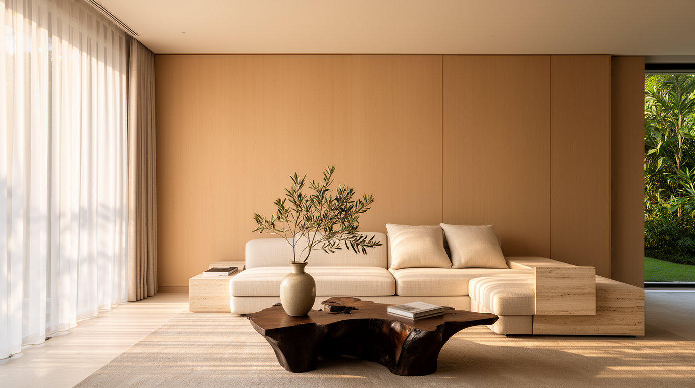 Concept living room with a cream sofa, warm timber finishes and soft daylight