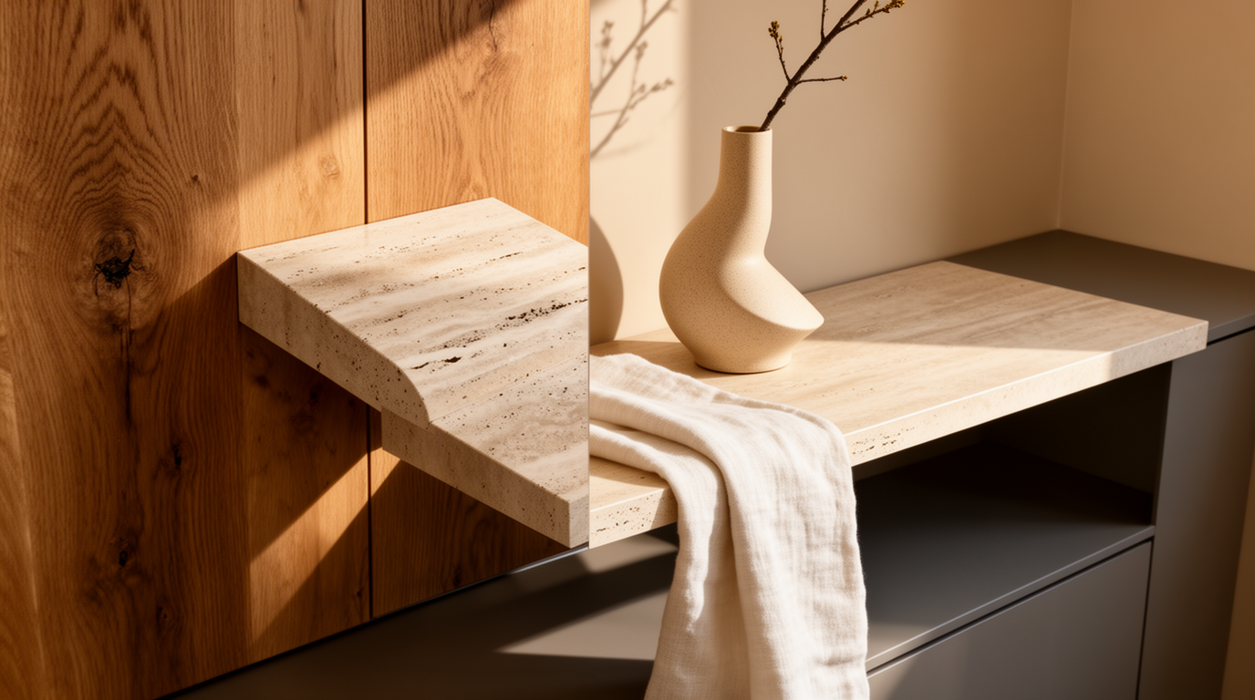 Concept material study of pale stone, warm timber and natural textiles