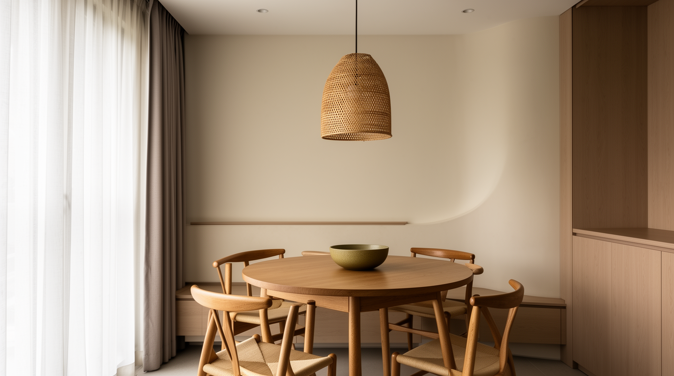 Concept dining nook with a round timber table and soft daylight