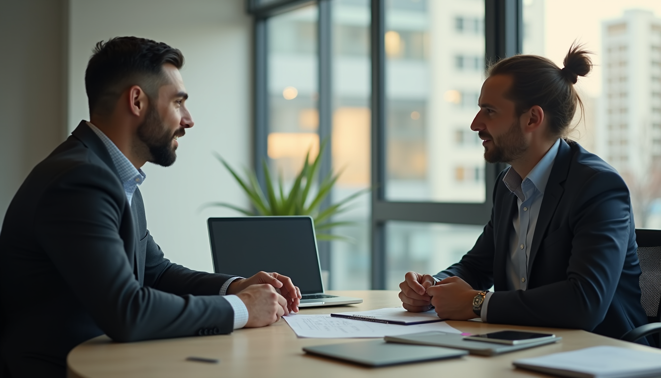 Eye-level view of a financial advisor discussing investment options with a business owner