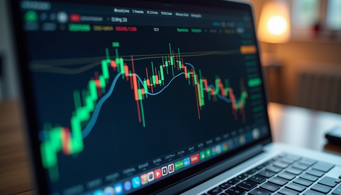 Eye-level view of a cryptocurrency trading chart on a laptop screen
