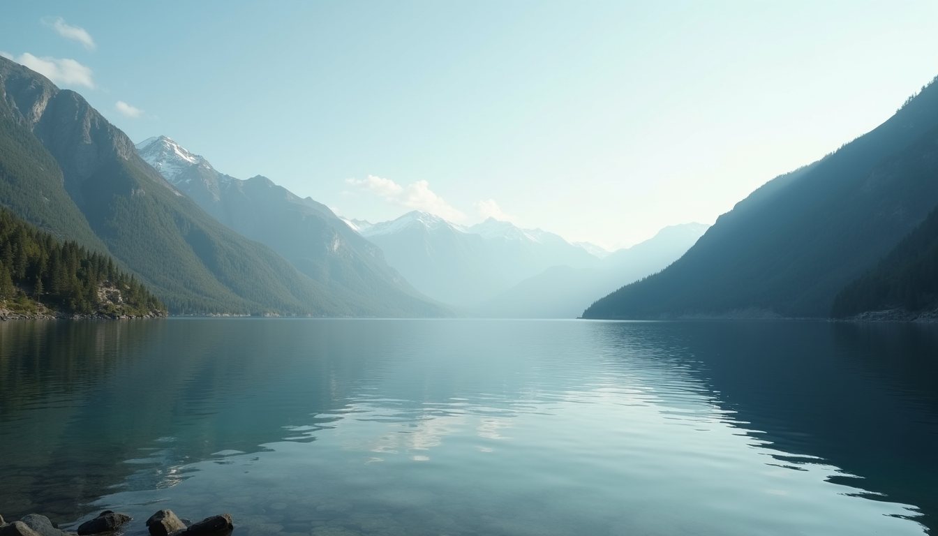 Eye-level view of a serene landscape with a calm lake and mountains