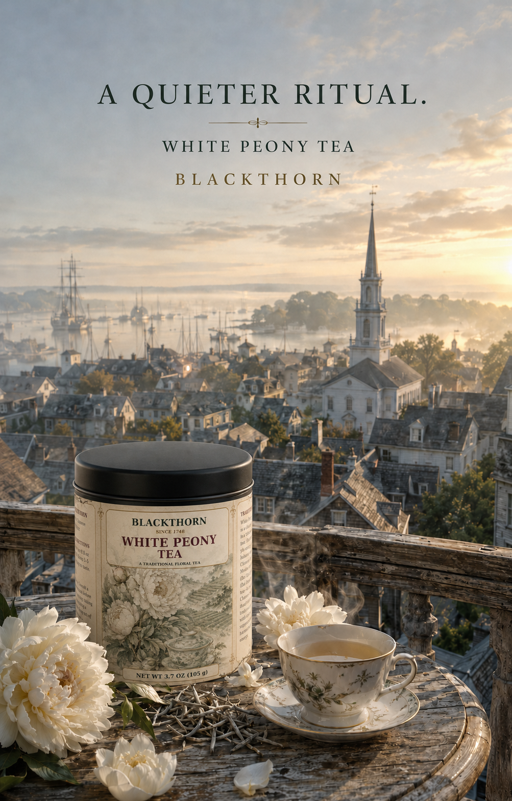 White Peony Tea 3.7 oz Blackthorn tin with white peonies and teacup overlooking a historic harbor