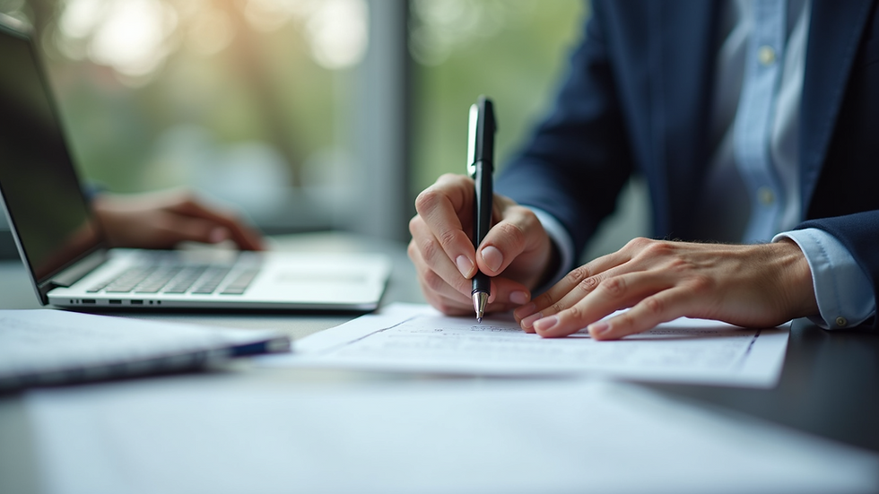 Close-up view of a person filling out business registration forms at a desk