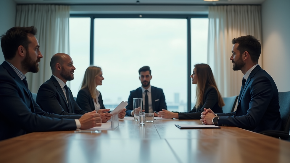 Eye-level view of a meeting room with professionals discussing safety reports