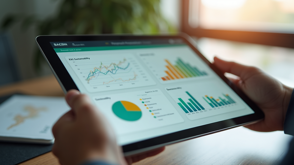 Close-up view of a digital tablet displaying ESG and sustainability charts