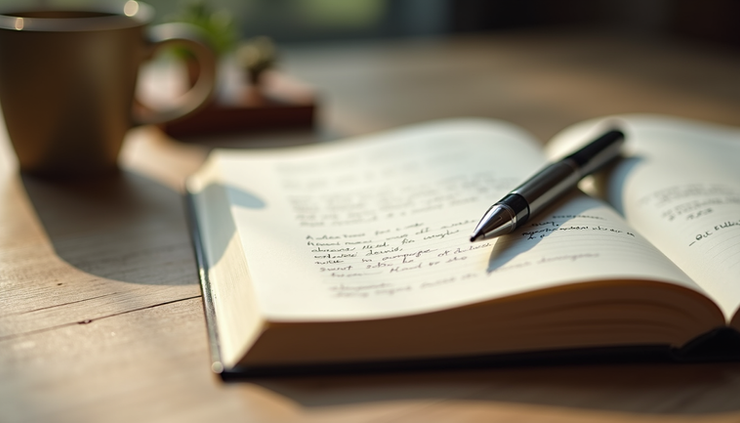 Eye-level view of an open journal with handwritten notes and a pen resting on the page