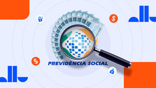 Imagem ilustrativa com uma lupa ampliando o símbolo da Previdência Social do Brasil, cercado por cédulas de 100 reais em forma de semicírculo. Ao fundo, elementos gráficos de cifrões, cadeados e ícones financeiros sugerem o tema de segurança e finanças públicas. Ao centro, em letras azuis, está escrito "PREVIDÊNCIA SOCIAL"