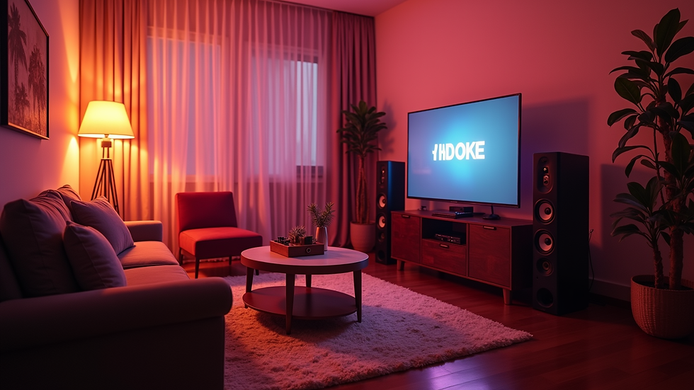 Wide angle view of a living room with HDOKE Karaoke setup ready for a party