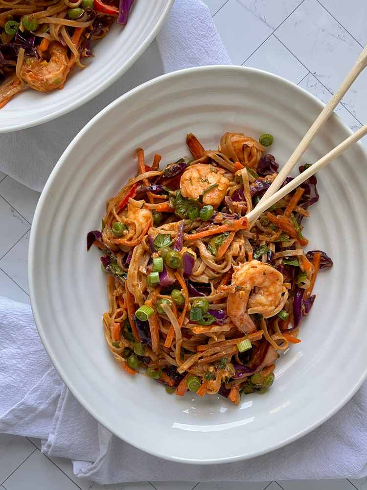 Shrimp and Vegetable Noodle Bowl with Spicy Peanut Sauce