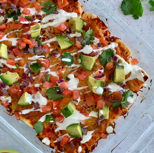 Healthy Enchilada Casserole with chicken, sweet potatoes, and nutritious veggies