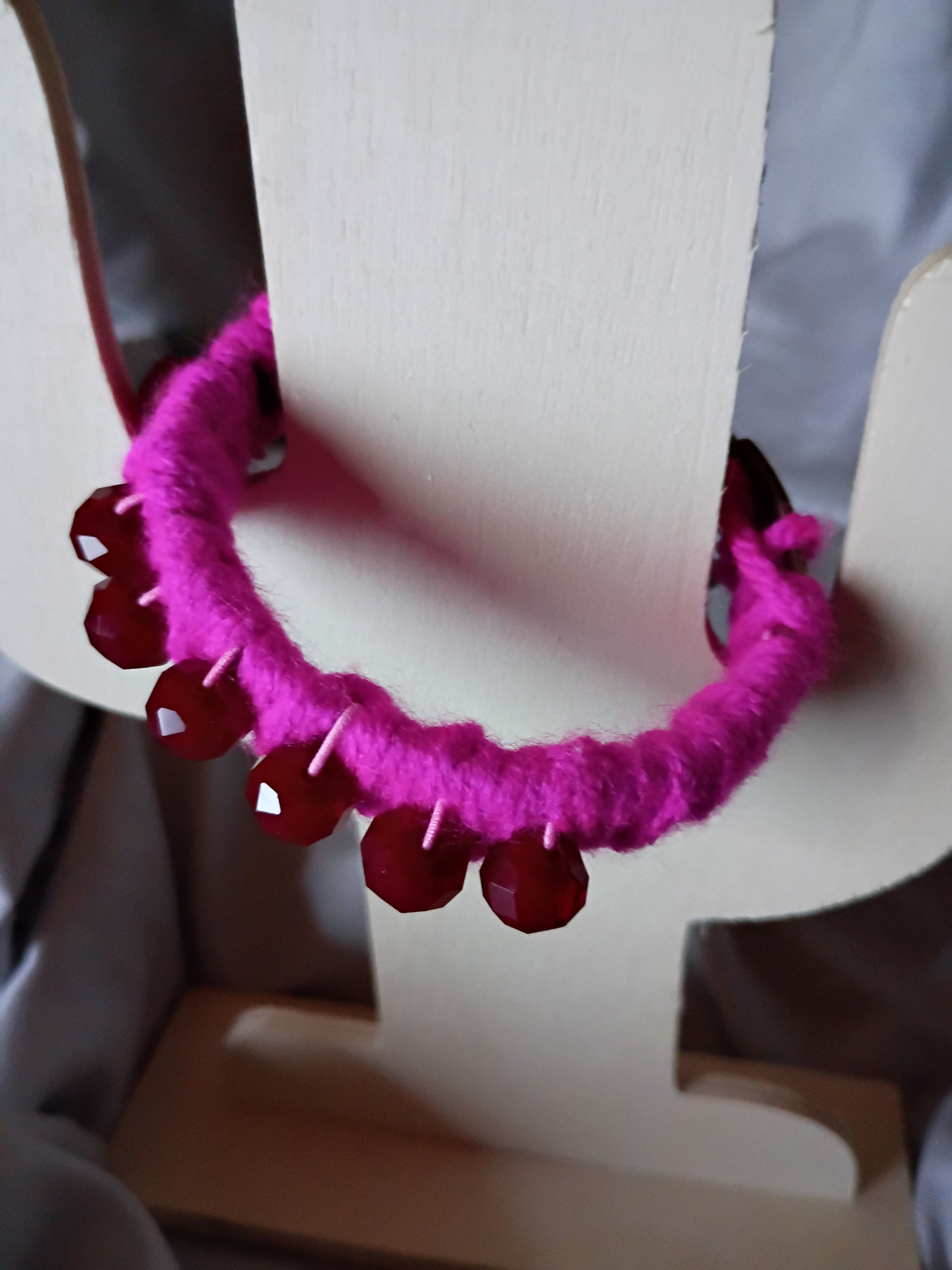 Pink & Red Yarn Wrapped Glass Bead Studded Bangle