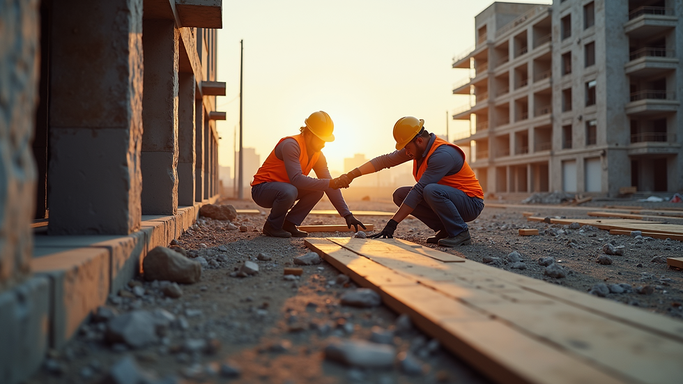 Eye-level view of a construction site with workers collaborating on a project