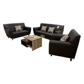 Sala 3-2-1 con respaldo capitoneado y cuerina café.