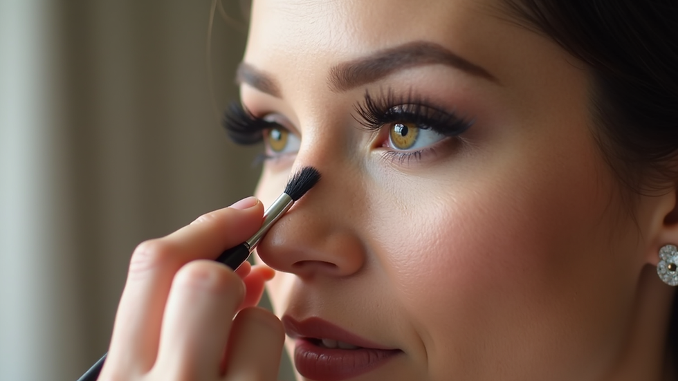 Eye-level view of a bridal makeup artist applying false eyelashes