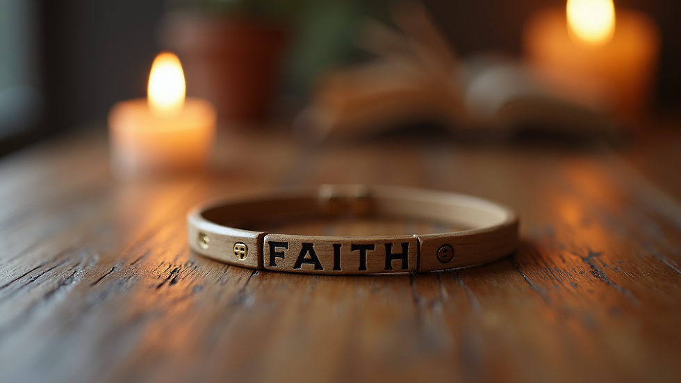 Close-up view of a faith-inspired bracelet on a wooden table