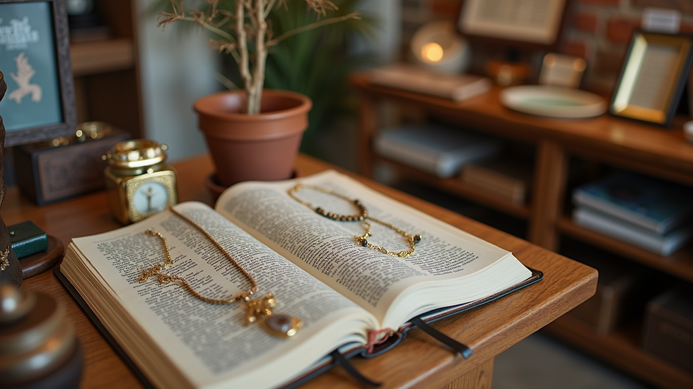 High angle view of a display table with Christian jewelry and accessories in a local Bible shop
