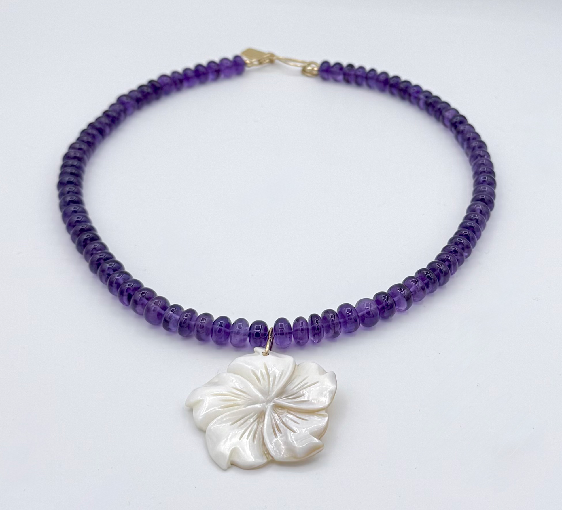 Purple Amethyst Necklace with Mother of Pearl Carved Flower Pendant