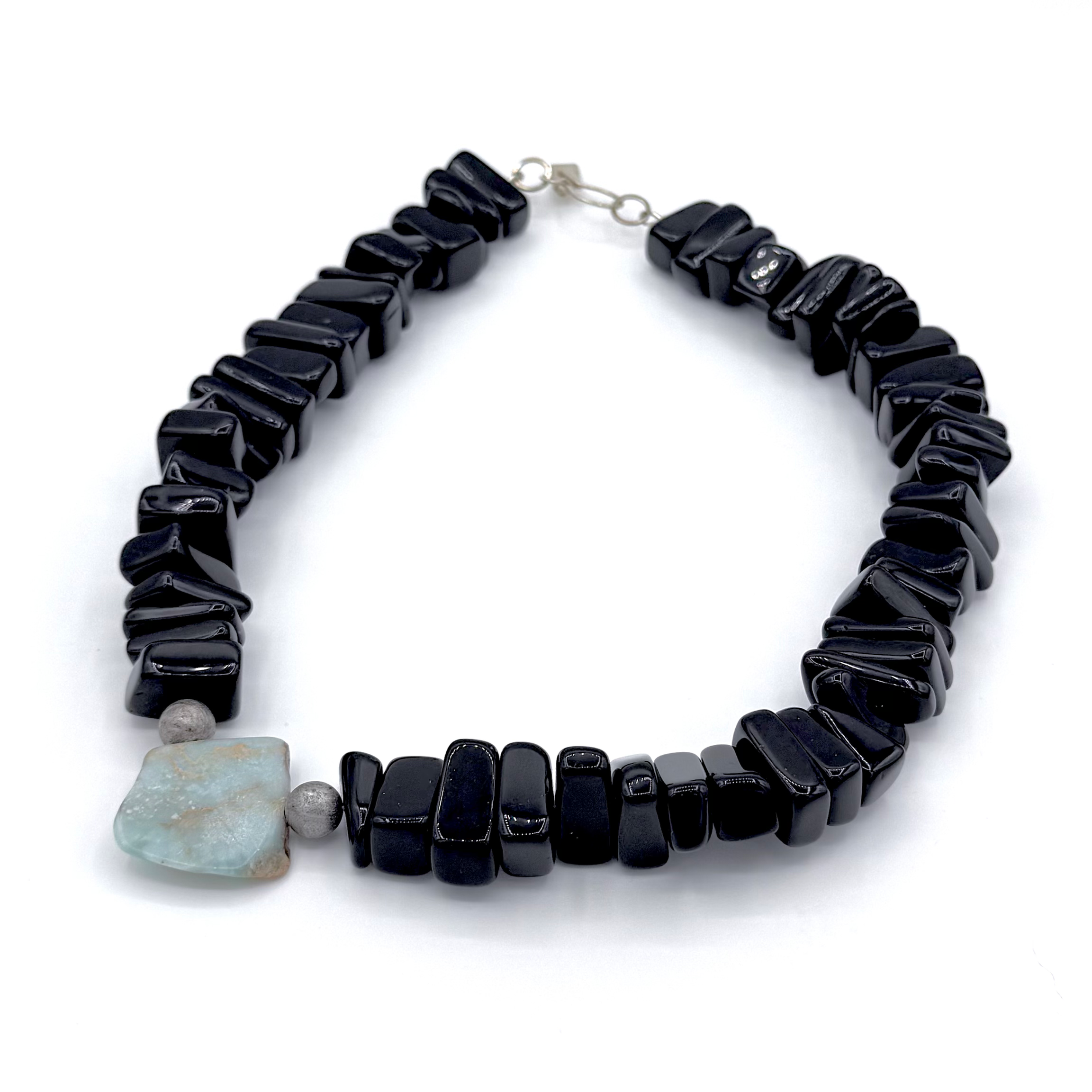 Obsidian and Blue Snakeskin Jasper Necklace w/Meteorites