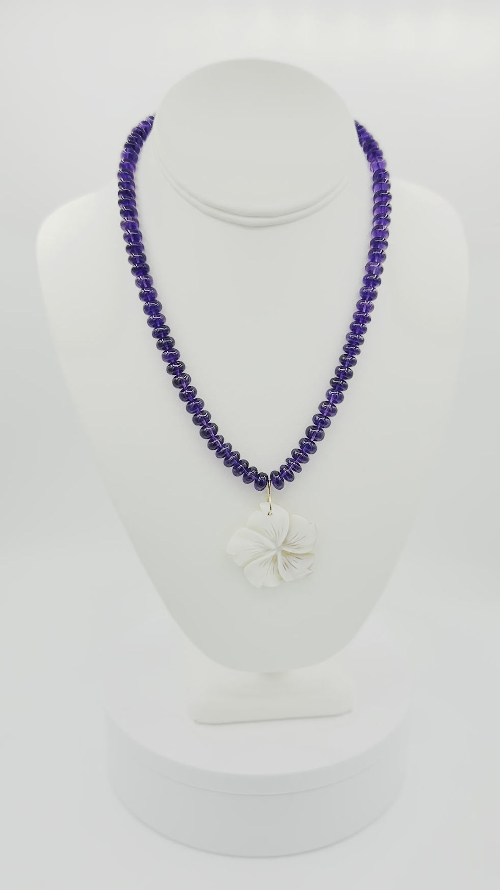 Thumbnail: Purple Amethyst Necklace with Mother of Pearl Carved Flower Pendant
