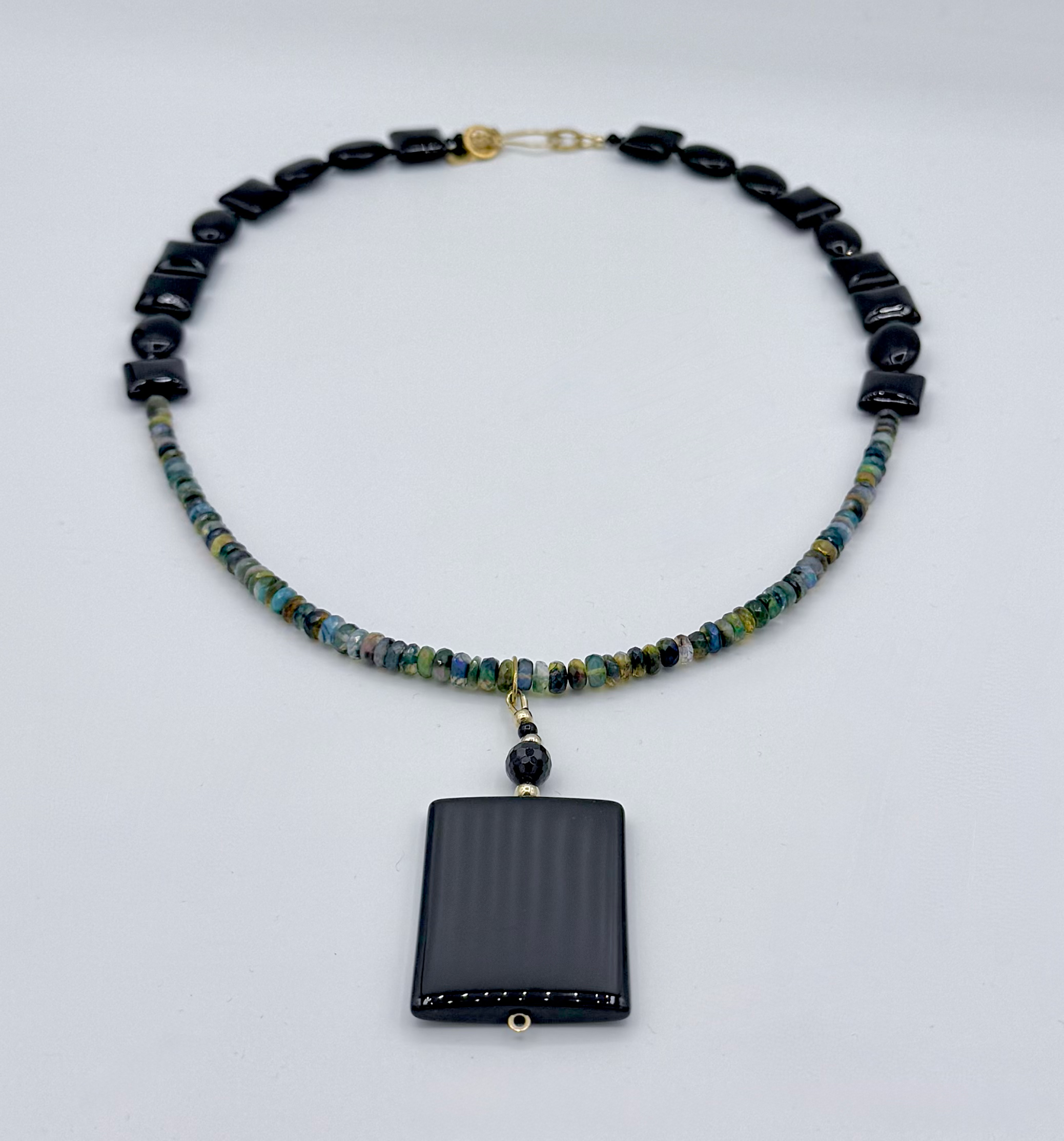 Black Opal and Onyx Necklace with Agate and Gold Pendant