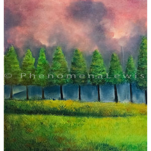 "Memory Lens" by PhenomenaLewis is a pastel drawing on paper made in November of 2022 during her four weeks residency with Chateau Orquevaux in France. This drawing by PhenomenaLewis is now part of the Chateau Orquevaux residency permanent collection.
In this drawing you can see a drawing of the artist in the center, a black woman with pupil-less eyes with a beautiful landscape behind her head with small drawings of people. The landscape seen here is an observational drawing of the scenery of Orquevaux France directly in front of the hill house at the Chateau D'Orquevaux and the people seen in the drawing are the artists and friends that Lewis has made during her time in France. This is a close up of the far left of PhenomenaLewis' drawing.
