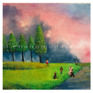 "Memory Lens" by PhenomenaLewis is a pastel drawing on paper made in November of 2022 during her four weeks residency with Chateau Orquevaux in France. This drawing by PhenomenaLewis is now part of the Chateau Orquevaux residency permanent collection.
In this drawing you can see a drawing of the artist in the center, a black woman with pupil-less eyes with a beautiful landscape behind her head with small drawings of people. The landscape seen here is an observational drawing of the scenery of Orquevaux France directly in front of the hill house at the Chateau D'Orquevaux and the people seen in the drawing are the artists and friends that Lewis has made during her time in France.
This is a close up of the left side of PhenomenaLewis' drawing. Here you see Otto, Billy, Carina, Kristine, Suzanne, and Stasia.