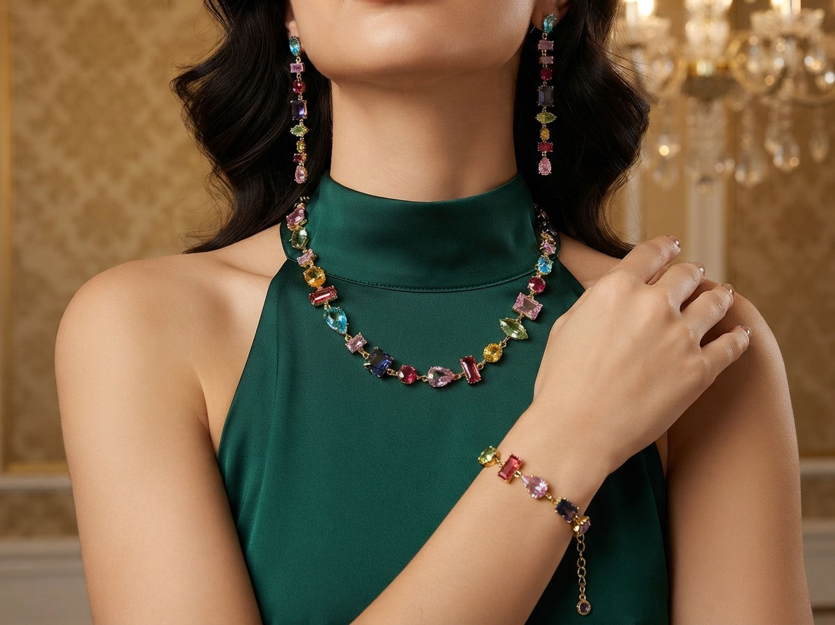 Pieces featuring multicolored crystals and an irregularly shaped zirconia pendan