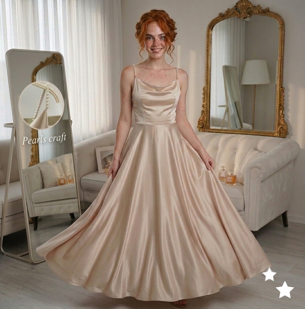 Elegant Satin Dress for Women with Handmade Beaded Straps | Summer Formal Dress