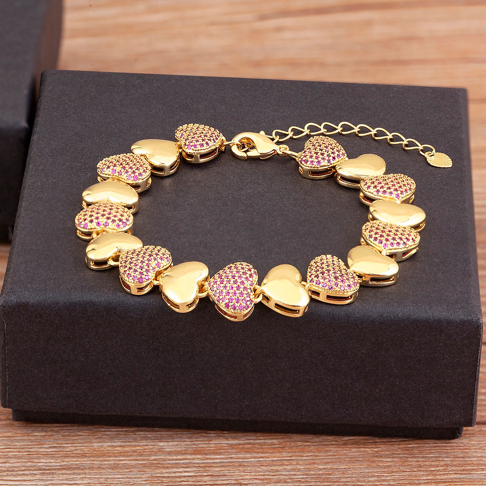 Thumbnail: Romantic bracelets with heart-shaped charms and cubic zirconia.
