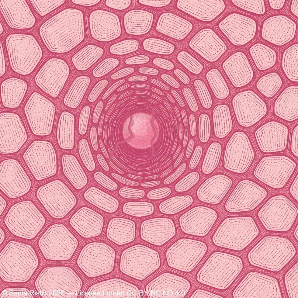 A pink organoid in the center of a typhoon-like pink spiral